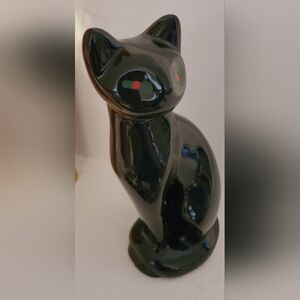 Vintage Retro Black Cat Figurine Green Red Eyes Ceramic MCM 8.5"